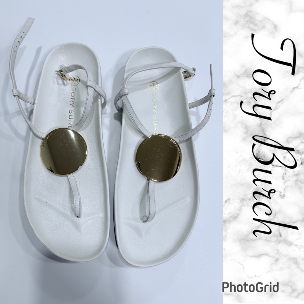 Tory Burch Patos White Sandals with Gold Accents